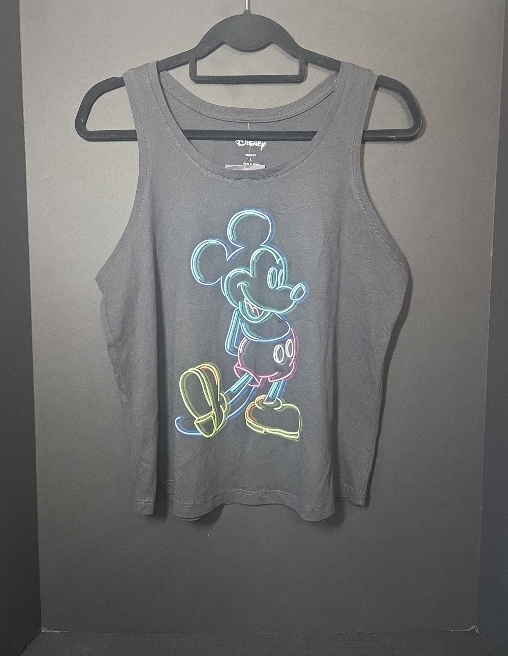 Disney Black Juniors Tank Top with Neon Blue, Pink & Yellow Mickey Graphic